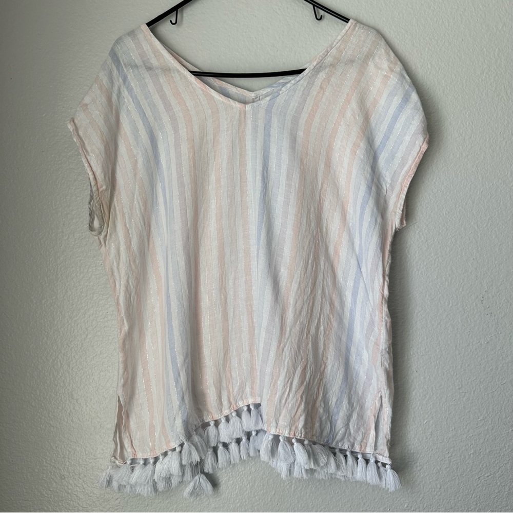 St Tropez West 100% Linen Stripe cover up Top Pastel pink blue Medium Tassels